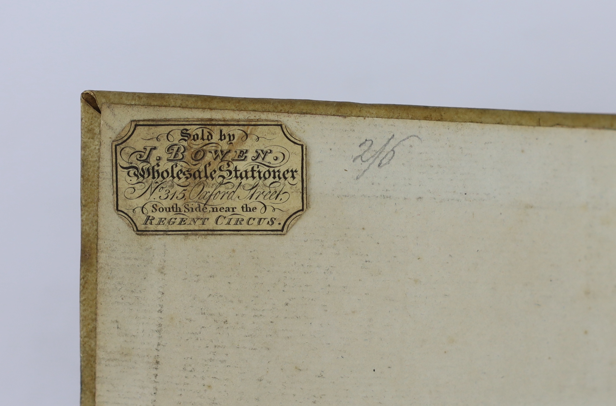 Journal of Emily Eden (1797-1869), novelist and traveller; 1 January - 29 March 1828, Paper book with marbled edges in a parchment binding, 18 x 12 cm, with label of the supplier J Bowen, wholesale stationer, 315 Oxford